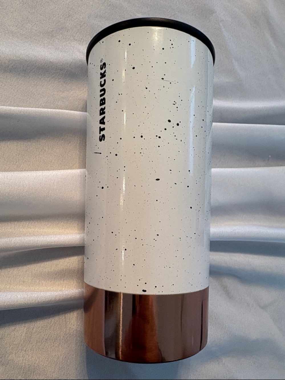 NWT Starbucks White Speckled Tumbler with Rose Gold Bottom
